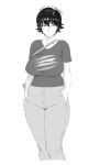  1girl breasts dated genderswap hands_in_pockets highres hips huge_breasts looking_at_viewer monochrome orushibu short_hair simple_background solo translation_request umehara_daigo white_background 