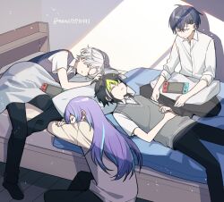  4boys ahoge bed black_pants blanket blue_hair blue_vest closed_eyes collared_shirt commentary_request crossed_arms dytica_(nijisanji) feet_out_of_frame full_body green_hair grey_vest head_rest highres hoshirube_sho inami_rai indoors koyanagi_rou long_hair lying male_focus multicolored_hair multiple_boys murakumo_kagetsu murakumo_kagetsu_(3rd_costume) nana72710193 nijisanji nintendo_switch on_back pants parted_lips pillow purple_hair shirt short_hair sleeping streaked_hair sweater_vest twitter_username vest virtual_youtuber white_hair white_shirt 