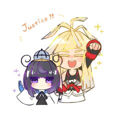  1boy 1girl arm_up black_dress black_gloves black_hair black_shirt blonde_hair blue_gloves blunt_bangs bob_cut chibi chibi_only clenched_hands closed_eyes closed_mouth coat commentary_request dress elbow_gloves english_text facing_viewer gloves gradient_hair gwynn_(pokemon) ivor_(pokemon) long_hair looking_at_viewer mitsuiro0226 mole mole_under_mouth multicolored_hair open_clothes open_coat open_mouth partially_fingerless_gloves pokemon pokemon_legends:_z-a purple_hair shirt short_hair single_elbow_glove sleeveless sleeveless_shirt upper_body violet_eyes white_background white_coat 