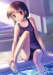  1girl absurdres barefoot brown_eyes brown_hair highres long_hair one-piece_swimsuit open_mouth original pool poolside school_swimsuit sitting soaking_feet solo swimsuit takoyaki_(roast) twintails water 