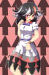  1girl black_hair blush bow bracelet desukingu dress fang horns jewelry kijin_seija looking_at_viewer multicolored_hair open_mouth pink_eyes pointer puffy_sleeves red_eyes red_nails redhead short_sleeves silver_hair solo tears touhou white_dress 