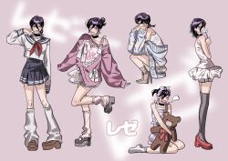  1girl alternate_costume bare_shoulders black_choker blue_cardigan boots breasts brown_shoes busuttt cardigan chainsaw_man character_name choker flower full_body green_eyes grenade_pin grey_sailor_collar grey_shoes grey_skirt grey_thighhighs hair_between_eyes hair_bun hair_over_one_eye high_heel_boots high_heels highres holding holding_flower kneeling loose_socks medium_breasts medium_hair multiple_views necktie one_eye_closed open_mouth pink_background pink_sweater ponytail purple_hair red_necktie red_shoes reze_(chainsaw_man) sailor_collar shirt shoes skirt sleeveless sleeveless_shirt smile socks solo squatting standing stuffed_animal stuffed_toy sweater tears teddy_bear thigh-highs updo white_flower white_shirt white_skirt white_socks 