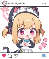  1girl :d absurdres animal_ear_headphones animal_ears apron aqua_bow aqua_bowtie black_dress black_tail blonde_hair blue_archive blush bow bowtie cat_ear_headphones cat_ears cat_tail character_name chibi chibi_only collared_dress commentary_request contrast_collar dot_nose dress fake_animal_ears fake_screenshot fake_tail hair_ribbon halo headphones heart heart_hands heart_in_heart_hands highres long_sleeves looking_at_viewer maid maid_apron maid_headdress momoi_(blue_archive) momoi_(maid)_(blue_archive) neguse1233 notice_lines official_alternate_costume official_alternate_hairstyle open_mouth pink_eyes pink_halo puffy_long_sleeves puffy_sleeves red_ribbon ribbon short_hair short_twintails sidelocks simple_background smile solo tail twintails upper_body v-shaped_eyebrows virtual_pet_(toy) white_background white_headdress 