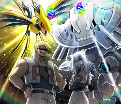 2boys androgynous attila_(pokemon) belt black-framed_eyewear black_shirt blonde_hair blue_eyes closed_mouth cokata commentary_request crossed_arms fangs glowing gold_skin grey_hair hands_on_own_hips highres hun_(pokemon) jacket long_hair male_focus mega_evolution_symbol mega_pokemon mega_skarmory mega_steelix metal_skin multiple_boys muscular muscular_male nostrils open_clothes open_jacket open_mouth pants pokemon pokemon_(anime) pokemon_(classic_anime) pokemon_(creature) pokemon_legends:_z-a shirt short_hair skarmory skin_fangs sleeveless sleeveless_jacket smile steelix sunglasses team_rocket team_rocket_uniform teeth upper_teeth_only v-shaped_eyes white_jacket white_pants