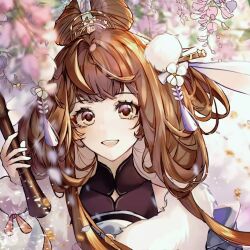 1girl :d black_shirt blunt_bangs blurry brown_eyes brown_hair chinese_clothes chinese_commentary depth_of_field facial_mark falling_petals flower fur-trimmed_robe fur-trimmed_sleeves fur_trim hair_flower hair_ornament hair_stick hand_up hanfu highres holding holding_instrument hua_yi_shanxin_zhiyue instrument long_hair long_sleeves looking_at_viewer luludeer386 mandarin_collar petals pink_flower pom_pom_(clothes) pom_pom_hair_ornament portrait purple_robe rabbit_hairstyle robe shirt sidelocks sidelocks_tied_back sleeveless sleeveless_shirt smile solo tassel tassel_hair_ornament teeth upper_teeth_only white_flower wisteria xiao_(instrument) yue_ling 