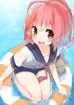  1girl blush hair_ribbon highres i-168_(kantai_collection) innertube kantai_collection long_hair looking_at_viewer open_mouth personification ponytail red_eyes redhead ribbon school_swimsuit school_uniform serafuku solo swimsuit tofu1601 water wavy_mouth 