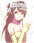  1girl artist_request blush brown_hair flower gloves jewelry long_hair love_live!_school_idol_project minami_kotori orange_eyes smile solo source_request topknot 
