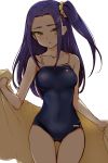  1girl blush collarbone half_updo kurokawa_eren long_hair looking_at_viewer minatsuki_randoseru one-piece_swimsuit precure purple_hair side_ponytail simple_background slit_pupils solo suite_precure swimsuit towel white_background yellow_eyes 