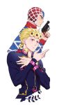  2boys ar_(rikuesuto) black_eyes blonde_hair giorno_giovanna guido_mista gun hat jojo_no_kimyou_na_bouken ladybug midriff multiple_boys violet_eyes weapon 