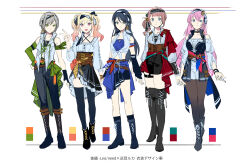  anchor_earrings ankle_boots arm_at_side arm_belt arms_at_sides arms_under_breasts asymmetrical_sidelocks bandana bandana_around_arm bandeau bare_shoulders batsubyou_(vocaloid) belt black_choker black_gloves black_hair black_pants black_shirt black_shorts black_skirt black_thighhighs blonde_hair blue_bandeau blue_belt blue_eyes blue_nails blunt_bangs bokyo boots breasts brown_belt brown_corset brown_hair brown_pantyhose choker closed_mouth clothes_around_waist collarbone collared_shirt commentary_request copyright_notice corset criss-cross_halter crossed_arms detached_sleeves earrings fingerless_gloves frilled_shirt frills gloves gradient_hair green_bandana green_eyes green_overskirt green_sleeves grey_eyes grey_hair hair_between_eyes hairband half-skirt halterneck hand_on_own_hip head_rest headband highres hinomori_shiho hoshino_ichika_(project_sekai) jewelry knee_boots large_breasts leo/need_(project_sekai) leo/need_luka long_hair looking_ahead looking_at_viewer looking_up medium_breasts megurine_luka midriff mochizuki_honami multicolored_hair multiple_belts multiple_girls nail_polish navel off-shoulder_shirt off_shoulder official_art open_mouth orange_belt overskirt pants pantyhose pink_eyes pink_hair pirate_costume project_sekai shirt short_hair shorts side_ponytail sidelocks simple_background single_bare_arm single_detached_sleeve single_glove skirt sleeveless sleeveless_shirt small_breasts smile standing sweater swept_bangs tenma_saki thigh-highs thigh_boots thigh_strap tied_shirt twintails underbust v violet_eyes vocaloid white_background white_shirt white_sweater 