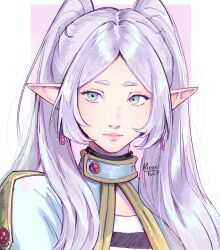  1girl artist_name black_choker border capelet choker closed_mouth earrings elf frieren gold_trim green_eyes grey_hair hair_over_shoulder highres jewelry kuroiitulip long_hair parted_bangs pink_background pink_lips pointy_ears shirt sidelocks solo sousou_no_frieren sparkle striped_clothes striped_shirt twintails upper_body white_border white_capelet 