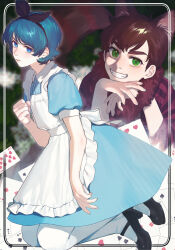  2boys alice's_adventures_in_wonderland alice_(alice_in_wonderland) alice_(alice_in_wonderland)_(cosplay) alternate_costume animal_ears apron back_bow bad_id bad_pixiv_id black_hairband black_shoes blue_dress blue_eyes blue_hair bow bow_hairband card cat_ears cat_tail cheshire_cat_(alice_in_wonderland) cheshire_cat_(alice_in_wonderland)_(cosplay) closed_mouth cosplay crossdressing crossdressing_(mtf) dress fangs green_eyes grin gundam gundam_zz hairband hand_on_own_chest hands_on_own_chin highres judau_ashta kamille_bidan long_sleeves looking_at_viewer male_focus mary_janes multiple_boys pantyhose playing_card puffy_short_sleeves puffy_sleeves shion_(ajisionn) shoes short_hair short_sleeves smile striped_tail tail thick_eyebrows white_apron white_bow white_pantyhose 