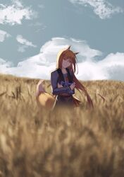  1girl absurdres amulet animal_ears blurry blurry_foreground breasts brown_hair closed_mouth clouds commentary day dress echo_of_burger flock flower grey_sky highres holding holding_flower holo light_smile long_sleeves looking_at_viewer outdoors red_eyes red_sash sash sky small_breasts solo spice_and_wolf standing tail wheat_field wolf_ears wolf_girl wolf_tail 