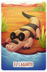  absurdres border bush crocodilian day desert full_body highres no_humans outdoors outside_border pokemon pokemon_(creature) procreate_(medium) sandile solo sophia_michelle spanish_text water white_border 