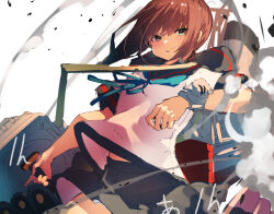  1girl black_sailor_collar black_skirt blue_neckerchief blush brown_hair commentary_request cowboy_shot floating_clothes from_below fubuki_(kancolle) fubuki_kai_ni_(kancolle) green_eyes highres holding holding_turret kantai_collection looking_at_viewer mast medium_hair midriff_peek miniskirt neckerchief parted_lips pleated_skirt rigging sailor_collar ship_turret shirt short_sleeves sidelocks skirt smokestack solo sunday_aki torpedo_launcher white_background white_shirt 
