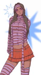  1girl absurdres alien_stage brown_hair buttons commentary cosplay cowboy_shot crop_top dark-skinned_female dark_skin earrings english_commentary grey_eyes headband highres hyuna_(alien_stage) jewelry k-pop katsksiii layered_skirt long_hair long_sleeves parted_lips purple_headband purple_shirt purple_thighhighs red_headband red_shirt red_skirt red_thighhighs shirt signature skirt solo striped_clothes striped_headband striped_shirt striped_thighhighs thick_eyebrows thigh-highs yves_(loona) yves_(loona)_(cosplay) 