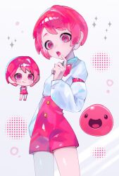  1girl :d arm_at_side bow bowtie breasts buttons chibi chibi_inset closed_mouth collared_shirt commentary_request cowboy_shot creature_and_personification drooling dual_persona finger_to_own_chin from_below gold_buttons grey_background halftone halftone_background hand_up high-waist_shorts highres index_finger_raised long_sleeves looking_at_viewer mouth_drool n._(plaw_01) open_mouth personification pink_bow pink_bowtie pink_eyes pink_hair pink_shorts pink_slime_(slime_rancher) puffy_long_sleeves puffy_sleeves shirt short_bangs short_hair shorts slime_rancher small_breasts smile solo sparkle standing swept_bangs tareme teeth tongue traditional_bowtie upper_teeth_only very_short_hair white_shirt 