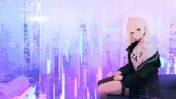  1girl absurdres black_jacket blonde_hair blue_eyes braid closed_mouth commentary dated ear_piercing hair_between_eyes highres jacket long_hair looking_at_viewer open_clothes open_jacket original piercing purple_background rnna shirt side_braid signature single_off_shoulder sitting solo thigh_strap white_shirt yume_(shuii) 