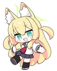  1girl :d animal_ear_fluff animal_ears black_sailor_collar black_shoes black_skirt black_socks blonde_hair blue_archive blush_stickers chibi fang fox_ears full_body green_eyes hair_between_eyes halo head_tilt kurumi_(blue_archive) long_hair long_sleeves miranofuudoria pleated_skirt puffy_long_sleeves puffy_sleeves sailor_collar school_uniform serafuku shirt shoe_soles shoes simple_background skirt smile socks solo standing standing_on_one_leg two_side_up very_long_hair white_background white_shirt 