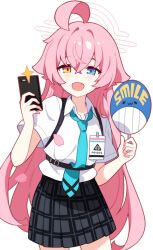  1girl ahoge black_skirt blue_archive blue_eyes blue_necktie commentary_request fang hair_between_eyes halo hand_fan heterochromia holding holding_fan holding_phone hoshino_(blue_archive) id_card ideolo long_hair long_sleeves necktie open_mouth paper_fan phone pink_hair pink_halo plaid_clothes plaid_skirt school_uniform shirt short_sleeves skirt smile very_long_hair white_background white_shirt yellow_eyes 