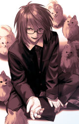  1boy animal dog gakuran gloves highres holding_own_arm indian_style jacket looking_at_viewer male_focus monochrome nil_(pixiv_53614557) open_clothes open_jacket pomeranian_(dog) randal's_friends randal_ivory school_uniform short_hair sitting solo 
