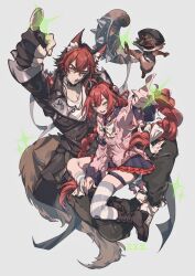  1boy 1girl absurdres animal animal_ear_fluff animal_ear_piercing animal_ears arm_up bandaged_arm bandages black_boots black_gloves black_hair black_hat black_jacket black_sailor_collar boots braid braided_twintails cardigan chest_bow closed_mouth collar collarbone commentary crossed_bangs dog_boy dog_ears dog_tail fingerless_gloves full_body gloves green_eyes grey_background hair_between_eyes hair_ornament hair_ribbon hat hearing_aid highres jacket jewelry kamanosuke_(zenless_zone_zero) komano_manato long_hair looking_at_viewer multicolored_hair muscular muscular_male necklace open_mouth pectorals pink_cardigan pointing raccoon red_bandage red_hair ribbon sailor_collar scar scar_across_eye scar_on_face shirt shoes short_hair sneakers sparkle sphere_hair_ornament spiked_jacket symbol-only_commentary tail tanuki ukinami_yuzuha v-shaped_eyebrows white_shirt white_shoes yamazaki_tsukune zenless_zone_zero 