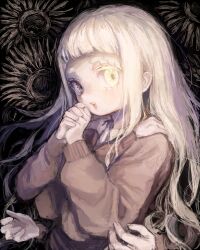  1girl blonde_hair bow bowtie brown_bow brown_bowtie brown_cardigan cardigan colored_eyelashes extra_arms hair_ornament hairclip highres long_hair looking_at_viewer machita_chima nijisanji own_hands_clasped own_hands_together sanagi_uka short_bangs smile solo upper_body virtual_youtuber yellow_eyes 