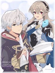  1boy 1girl :d black_gloves black_hairband black_robe book breasts bridal_gauntlets brown_bridal_gauntlets brown_eyes closed_mouth female_corrin_(fire_emblem) fire_emblem fire_emblem_awakening fire_emblem_fates gloves grey_hair hair_between_eyes hairband highres holding holding_book holding_quill hooded_robe kiriya_(552260) long_hair male_robin_(fire_emblem) open_book open_clothes open_mouth open_robe pointy_ears quill red_eyes robe short_hair small_breasts smile white_hair 