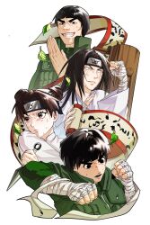  1girl 3boys bagyuli271 bandaged_arm bandages black_eyes black_hair bowl_cut brown_hair byakugan closed_mouth double_bun eyelashes flak_jacket forehead_protector hair_bun highres holding holding_scroll hyuuga_neji jacket konohagakure_symbol kunai leaf long_hair long_sleeves might_guy multiple_boys naruto_(series) naruto_shippuuden open_mouth rock_lee scroll shirt short_hair smile sweat teeth tenten_(naruto) thick_eyebrows upper_body weapon white_shirt 