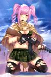  1girl assault_rifle black_legwear boots breasts brown_eyes camouflage cleavage drill_hair fingerless_gloves gloves gun highres kneeling looking_at_viewer microphone original pink_hair rifle shawl snow snow_on_head solo thighhighs tonee torn_thighhighs twintails weapon zettai_ryouiki 