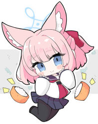  1girl animal_ear_fluff animal_ears black_pantyhose black_shoes blue_archive blue_eyes blue_sailor_collar blue_skirt blush_stickers bow chibi closed_mouth food food_request fox_ears full_body grey_background hair_bow halo hands_up head_tilt long_sleeves looking_at_viewer miranofuudoria niko_(blue_archive) notice_lines outline pantyhose pink_hair pleated_skirt ponytail puffy_long_sleeves puffy_sleeves red_bow sailor_collar school_uniform serafuku shirt shoes skirt sleeves_past_wrists smile solo two-tone_background white_background white_outline white_shirt 