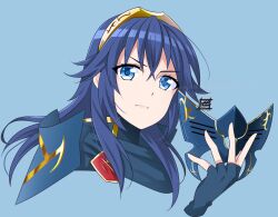  1girl blue_background blue_eyes blue_gloves blue_hair brand_of_the_exalt closed_mouth cropped_torso fingerless_gloves fire_emblem fire_emblem_awakening gloves hair_between_eyes highres holding holding_mask long_sleeves looking_at_viewer lucina_(fire_emblem) mask solo symbol_in_eye tiara unworn_mask upper_body zero-theme 