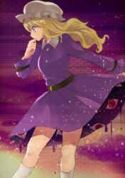  1girl belt blonde_hair dusk feet_out_of_frame from_side gap_(touhou) hat highres kneehighs long_hair maribel_hearn mob_cap ooze purple_shirt purple_skirt shirt shukinuko skirt socks solo thinking touhou trojan_green_asteroid wavy_hair yellow_eyes 
