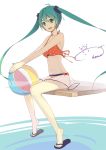  1girl ahoge aqua_eyes aqua_hair ball beachball bikini c-kome hatsune_miku long_hair sandals sitting solo swimsuit twintails very_long_hair vocaloid 