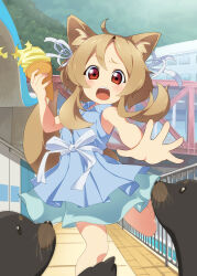  1girl 310123 absurdres animal animal_ear_fluff animal_ears brown_hair collared_dress commentary_request dress food highres holding holding_food holding_ice_cream ice_cream ice_cream_cone looking_down open_mouth ouka_miko outdoors outstretched_arm railing red_eyes sea_lion seal_(animal) short_hair_with_long_locks sleeveless sleeveless_dress solo standing standing_on_one_leg sunlight tail utau waist_ribbon wolf_ears wolf_girl wolf_tail 