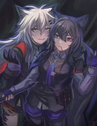  2girls absurdres aqua_eyes arknights arm_around_shoulder black_background black_gloves black_hair black_pantyhose black_vest bolo_tie cowboy_shot craneodes fingerless_gloves food food_in_mouth gloves grey_hair grey_shirt hair_between_eyes heads_together highres holding lappland_(arknights) lappland_the_decadenza_(arknights) long_hair long_sleeves looking_at_viewer material_growth multicolored_eyes multiple_girls oripathy_lesion_(arknights) outline pantyhose pocky pocky_in_mouth purple_gloves purple_outline red_gloves shirt smile standing texas_(arknights) texas_the_omertosa_(arknights) two-tone_eyes vest violet_eyes yellow_eyes 