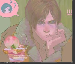  1boy 1girl ? ada_wong art_program_in_frame bags_under_eyes black_hair blonde_hair brown_jacket chibi chibi_inset frown fur-trimmed_jacket fur_trim head_on_hand image_in_speech_bubble jacket leon_s._kennedy parted_bangs peanut9021 resident_evil resident_evil_4 resident_evil_4_(remake) swept_bangs upper_body 