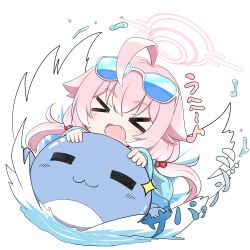  >_< 1girl absurdres bikini blue_archive blue_jacket blush closed_eyes eyewear_on_head facing_viewer fang hair_bobbles hair_ornament halo highres hoshino_(blue_archive) inflatable_toy jacket long_hair low_twintails master_m_489 official_alternate_costume open_clothes open_jacket open_mouth pink_hair pink_halo simple_background smile solo sunglasses swimsuit tinted_eyewear twintails water white_background white_bikini 