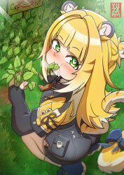  1girl :3 absurdres animal_ear_fluff animal_ears black_shorts blonde_hair blush catnip chewing commentary_request day eating food_in_mouth from_above from_side grass green_eyes heart heart-shaped_pupils highres holding holding_plant jacket ju_fufu long_hair looking_at_viewer looking_up on_grass outdoors plant puffy_cheeks ribbon shoes shorts sign signature sneakers solo squatting symbol-shaped_pupils tail tail_ornament tail_raised tail_ribbon tiger_ears tiger_girl tiger_tail tiptoes warning_sign yellow_jacket yuuzawa_wa zenless_zone_zero 