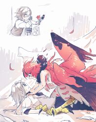  2boys absurdres age_progression aotsuki_eito black_pants black_streaks chinese_commentary commentary_request feathered_wings fletchling glasses grey_hair grey_vest harpy_boy highres holding holding_pokemon looking_at_another lying male_focus monster_boy monsterification multicolored_hair multiple_boys on_back pants pinned pokemon pokemon_(creature) red_hair shirt short_hair simpface streaked_hair sumino_takumi sweatdrop talonflame talons the_hundred_line_-last_defense_academy- two-tone_hair vest white_shirt wings 