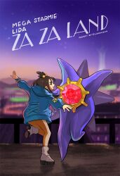  1girl blue_hoodie blurry blurry_background bracelet commentary_request cube_hair_ornament earclip hair_ornament highres hood hood_down hoodie jewelry la_la_land laaaw444 leg_up leggings lida_(pokemon) long_hair long_sleeves mega_starmie night on_rooftop outdoors pokemon pokemon_(creature) pokemon_legends:_z-a ribbed_socks shoes sidelocks sky socks standing standing_on_one_leg starmie topknot 