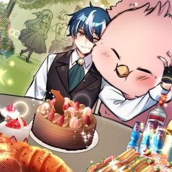  1girl 2boys animal bird black_gloves black_vest blue_hair bottle cake closed_eyes closed_mouth collared_shirt commentary double-parted_bangs english_commentary fingerless_gloves food fruit gloves hair_between_eyes highres long_sleeves looking_at_animal male_focus multicolored_hair multiple_boys one_eye_closed orange_eyes original oversized_animal ryuuxin shirt short_hair smile solo_focus strawberry streaked_hair vest white_shirt white_streaks 