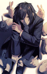  1boy animal gakuran highres holding_own_arm jacket looking_at_viewer male_focus monochrome nil_(pixiv_53614557) open_clothes open_jacket rabbit randal's_friends school_uniform short_hair sitting solo tsukada_satoru 