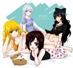  4girls black_hair blake_belladonna blonde_hair book bow breasts character_name copyright_name hair_bow jimauso long_hair multiple_girls night_clothes nightgown ponytail redhead ruby_rose rwby scar short_hair sleep_mask smile violet_eyes weiss_schnee white_hair yang_xiao_long yellow_eyes 