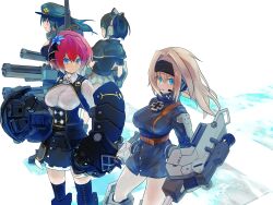  absurdres belt black_hair blue_eyes breasts brown_hair cerauniae cosmic_break cross dress gatling_gun gauntlets hairband hanna_fritz hat headphones highres iron_cross kuhl large_breasts leg_armor lisel_zweig long_hair looking_at_viewer mecha_musume military_uniform multiple_girls nora_schneid pile_bunker red_eyes red_hair shirt short_hair skirt soldier thigh-highs white_shirt 