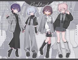  1other 25-ji_nightcord_de._(project_sekai) 3girls :3 akiyama_mizuki arm_at_side arm_warmers arms_at_sides asahina_mafuyu bag belt bespectacled black_arm_warmers black_bag black_belt black_boots black_bow black_dress black_necktie black_shirt black_shoes blonde_hair blue_eyes bolo_tie boots bow braid brown_hair bun_with_braided_base closed_mouth collared_shirt colored_inner_hair commentary cone_hair_bun double_bun dress earrings english_text eyes_visible_through_hair full_body glasses grey_jacket grey_leg_warmers grey_overalls grey_shirt grey_skirt grid_background group_name hair_bow hair_bun hair_over_one_eye hand_up handbag high-waist_skirt highres holding jacket jacket_on_shoulders jewelry lapels leg_warmers long_dress long_sleeves looking_at_viewer miniskirt multicolored_hair multiple_girls necklace necktie notched_lapels open_clothes open_jacket outline overalls pink_eyes pink_hair plaid_clothes plaid_jacket pleated_skirt project_sekai purple_hair shinonome_ena shirt shirt_tucked_in shoes short_hair short_sleeves sidelocks skirt sleeves_past_wrists smile sparkle standing striped_clothes striped_leg_warmers striped_shirt symbol-only_commentary vertical-striped_clothes vertical-striped_overalls vertical-striped_shirt violet_eyes waka_(wk4444) white_bow white_hair white_shirt wolf_cut yoisaki_kanade zoom_layer 