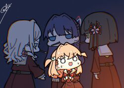  4girls absurdres black_hair blue_background blue_eyes blue_hair blue_neckerchief blunt_bangs blunt_ends blush bob_cut braid brown_dress ceras_yanagida_lilienfeld chibi chibi_only chromatic_aberration dress food food_in_mouth green_eyes grey_hair hair_ornament hair_ribbon half_up_braid half_updo hasu_no_sora_school_uniform highres hinoshita_kaho jitome link!_like!_love_live! long_hair long_sleeves love_live! momose_ginko mouth_hold multiple_girls murano_sayaka neckerchief nervous_sweating o_o oofushi_ao orange_hair pink_ribbon pleated_dress pocky pocky_in_mouth rabbit_hair_ornament red_neckerchief ribbon sailor_collar sailor_dress school_uniform short_hair signature surrounded sweat two_side_up virtual_youtuber white_sailor_collar winter_uniform yellow_neckerchief yuri 