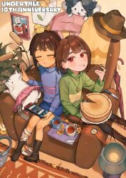  3others ake_blood animal animal_ears animal_nose animal_on_head anniversary annoying_dog apron bandaged_leg bandages beak bird bird_on_head bird_wings black_pantyhose blue_shorts blue_sweater blue_visor blush bone book boots brown_boots brown_hair brown_hat cake cake_slice carpet cellphone chair chara_(undertale) character_charm charm_(object) closed_eyes closed_mouth colored_skin commentary_request copyright_name cup dog dog_ears dog_tail drawing_(object) duck eating english_text flip_phone flower flowey_(undertale) food food_on_face frills frisk_(undertale) from_above full_body green_sweater grey_hair hand_up handheld_game_console happy_anniversary hat heart heart_necklace highres holding holding_cake holding_food holding_handheld_game_console holding_plate indoors jewelry knife lamp long_sleeves looking_at_another looking_at_viewer mad_mew_mew mettaton multiple_others necklace nintendo_switch on_chair on_head open_mouth pantyhose papyrus_(undertale) petals petting phone photo_(object) pink_apron pink_skirt plant plate playing_games pocket puffy_long_sleeves puffy_sleeves red_eyes shadow short_hair shorts single_stripe sitting skirt sparkle striped_clothes striped_sweater sweater tail tea teacup temmie turtleneck turtleneck_sweater umbrella undertale unworn_hat unworn_headwear utdr_(toby_fox) visor_cap white_fur wings yellow_flower yellow_skin 