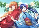  1boy 1girl :d blue_eyes blue_hair floral_print flower grin hair_ribbon himura_kenshin index_finger_raised japanese_clothes kamiya_kaoru kimono long_hair obi open_mouth payot ponytail redhead ribbon rurouni_kenshin scar smile toichi_(ik07) very_long_hair 