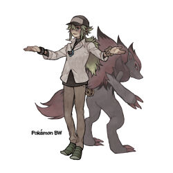  1boy absurdres arms_up bangle baseball_cap black_fur body_fur bracelet claws green_hair grey_fur hat highres ichi_kawa_ichi jewelry long_hair n_(pokemon) neck_fur outstretched_hand pokemon pokemon_(creature) pokemon_bw red_fur snout standing two-tone_fur undershirt white_background wristband zoroark 